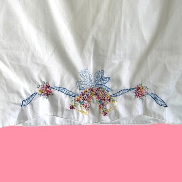 Vintage Handmade Embroidered Pillowcase with Wedding Bells and Ribbons - Picture 2 of 11